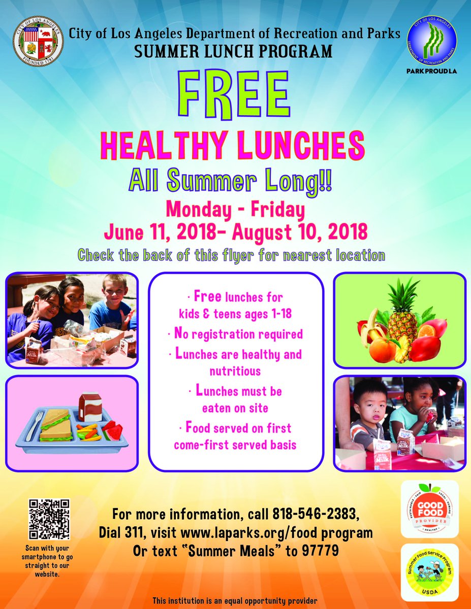 davideryu's tweet photo. Every child deserves a healthy lunch, whether school is in or not. That's why @LACityParks has their Summer Lunch Program, so kids can worry about having fun this #summer, and not about their next meal.

Meals are healthy and free. Text "Summer Meals" to 97779 for more info. https://t.co/JbWijYtJTl