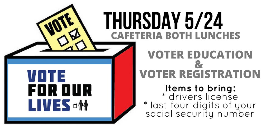 MRHS_CC's tweet photo. .@mrhs2018 If you'll be 18 by November 6th, you can register to vote! #VoteForOurLives will be on campus Thursday during both lunches, come learn more! #EngageTheProcess #CivicDuty #YouthVoice https://t.co/tLAb7pSbeT