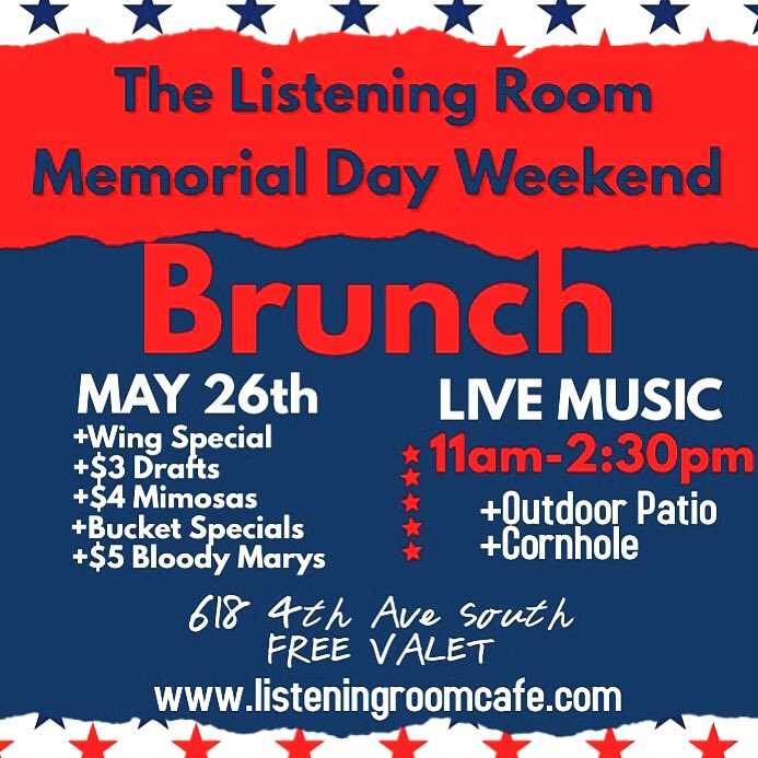 Make plans NOW for this weekend #brunch in #nashville - we will be having a ton of specials, cornhole on the patio, great food, live music, party music and more. Come enjoy the best kept secret for Sat brunch! #daydrinking #livemusic #patio #downtownnashville #thelisteningroom