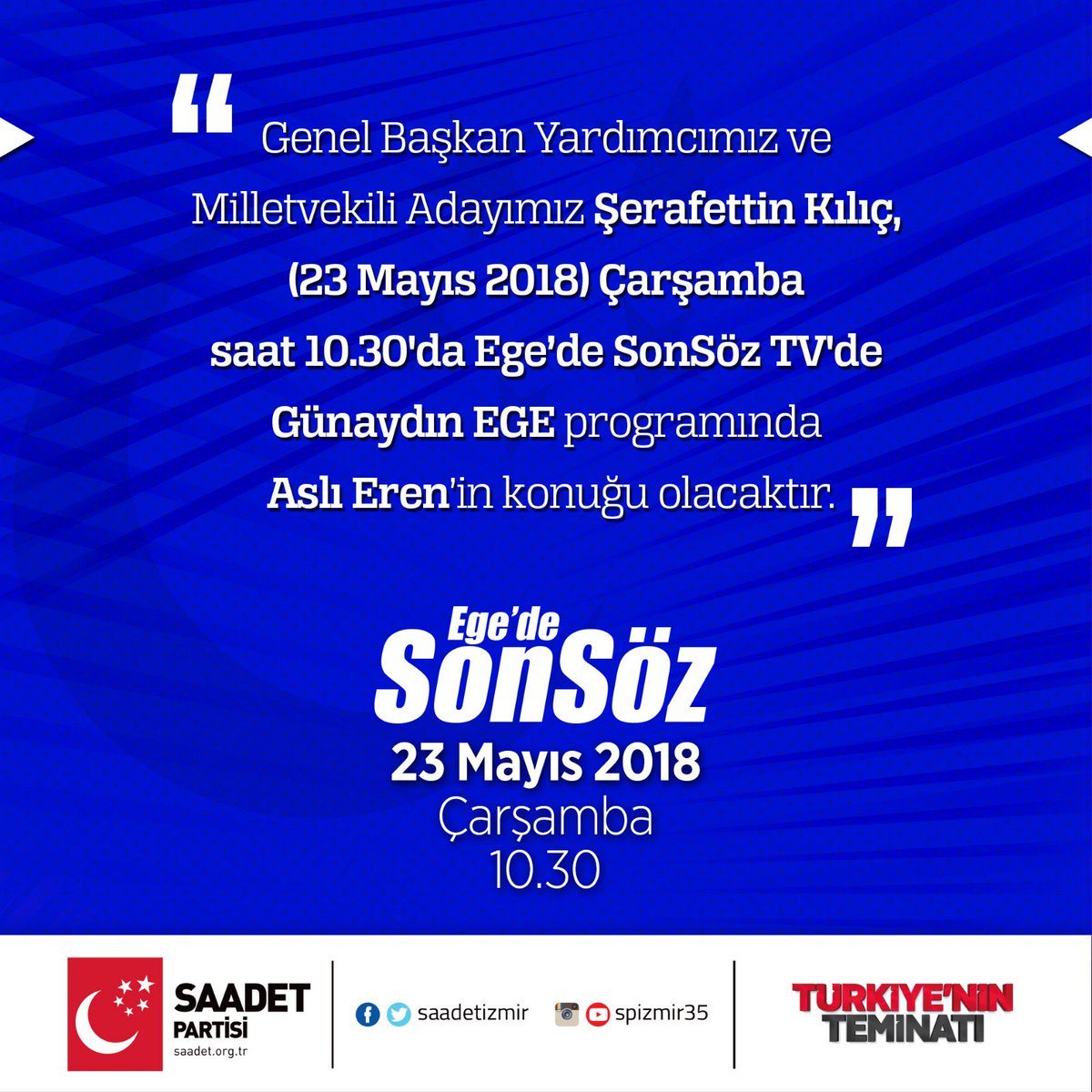 Genel Başkan Yardımcımız ve Milletvekili Adayımız Şerafeddin Kılıç Ege'de SonSöz TV'de. 
*
23 Mayıs 2018 | Çarşamba | 10:30
*
#DEĞİŞTİR