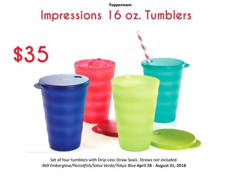 Tupperware (4) Impressions Tumblers 16 Ounce Cups Tokyo Blue, Parrotfish,  Emberglow and Salsa Verde