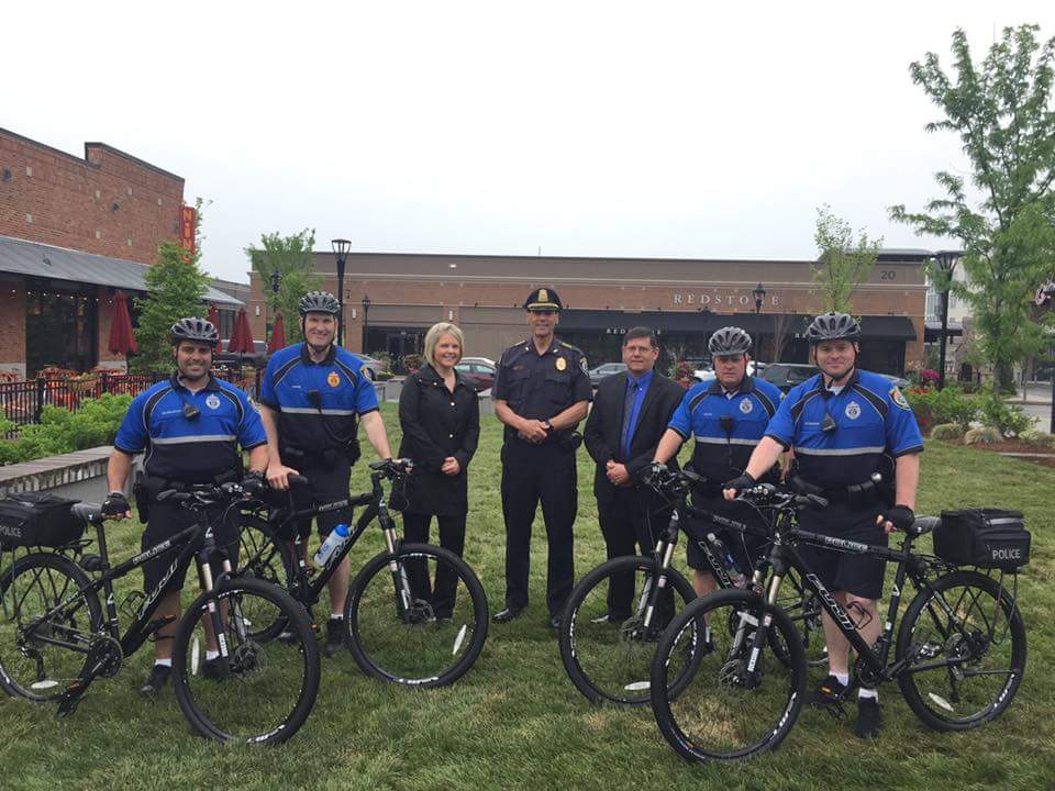 Members of the Burlington Police Department gathered at 3rd Ave Burlington to receive new high-end patrol bikes donated by Nordblom Company
