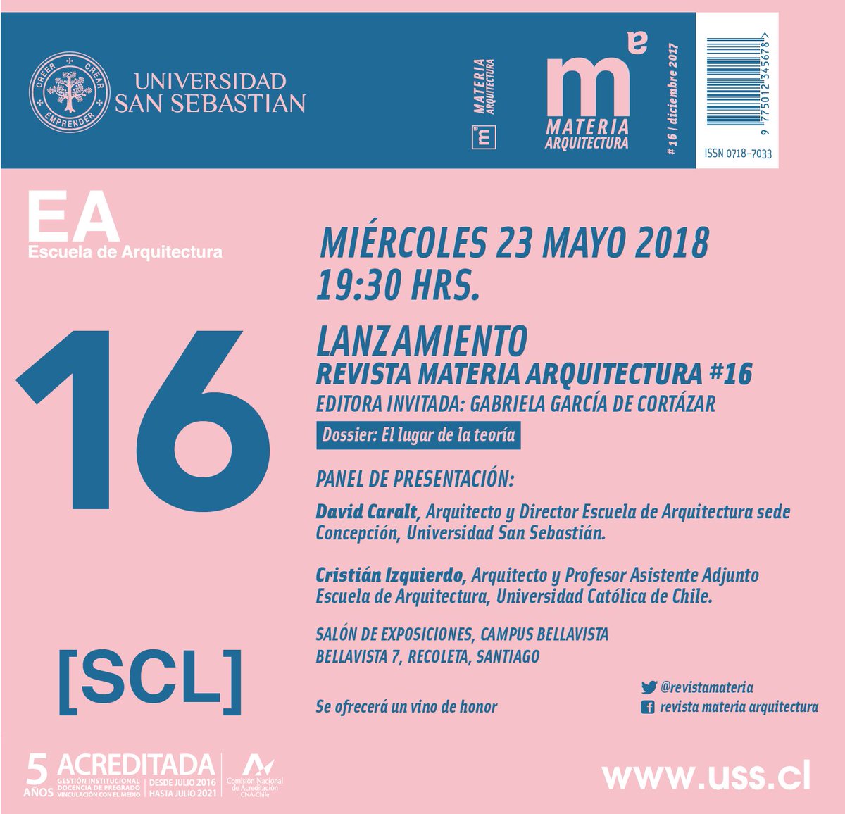 Recuerden MAÑANA miércoles tod@s invitad@s al lanzamiento de <a href="/revistamateria/">Materia Arquitectura</a> #arquitectura #16 "el lugar de la teoría" (7:30pm <a href="/EAUSS_Santiago/">Arq. USS Sede Stgo.</a> Bellavista #7 Recoleta). Tendremos: panel de lujo + gran venta especial de la revista + vino de honor imperdible ¡Nos vemos!