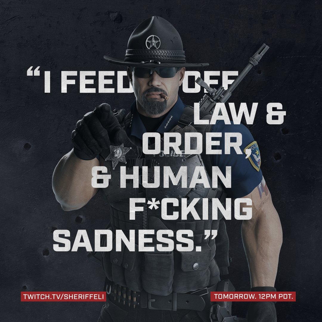 SheriffEli's tweet photo. Tomorrow. Justice returns with a new face. 12pm PDT. https://t.co/OVeKZJQMcw  #EliArmy #Version2 https://t.co/lpEpJFaQzg