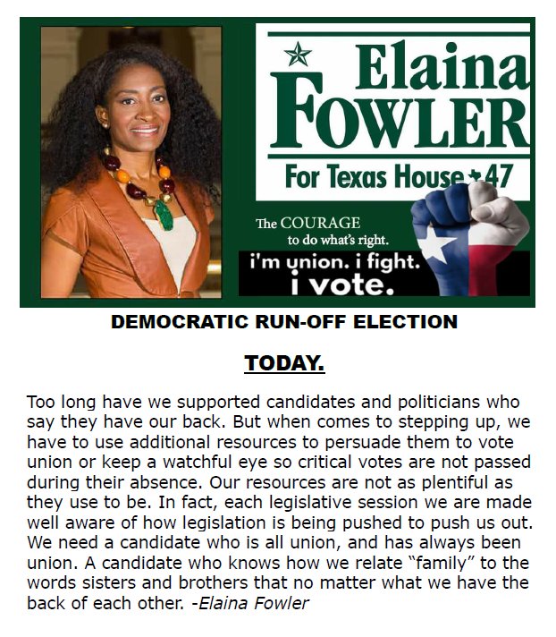 fowlerfortxhd47's tweet photo. Polls close at 7:00 pm today. Vote for your Union Candidate Elaina Fowler for Texas House District 47.  Let's unseat Paul Workman! @TXAFLCIO @AFSCME @LIUNA https://t.co/VTtZ9HEgSh