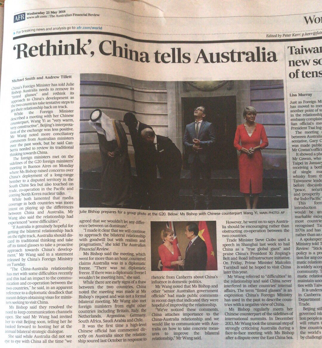 China asks Bishop to rethink. Rethink in Chinese means think 3 times before actions (三思). Not sure if Bishop gets it.