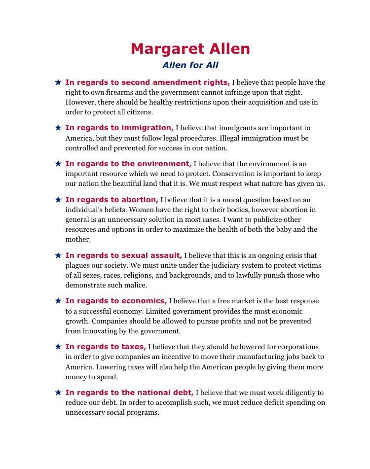 Allen4Pres2020's tweet photo. Here are my stances on a variety of issues. I wish to unite our great nation and represent all Americans. #AllenForAll #Allen2020 https://t.co/mfKfxsdopK