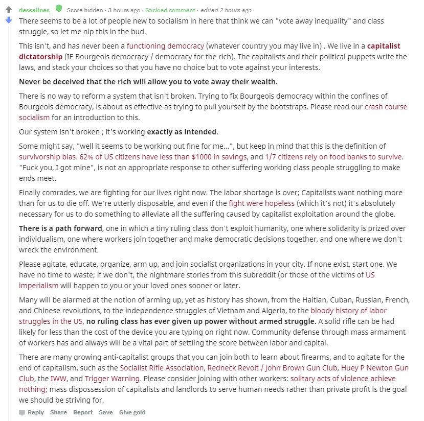 Hi @reddit, do you endorse Communism and the message in this image? It's the sticked comment in a thread on the Communism subreddit currently on your front page. I reported it to your admins, but they've done nothing! Is sedition on reddit acceptable? Thanks!