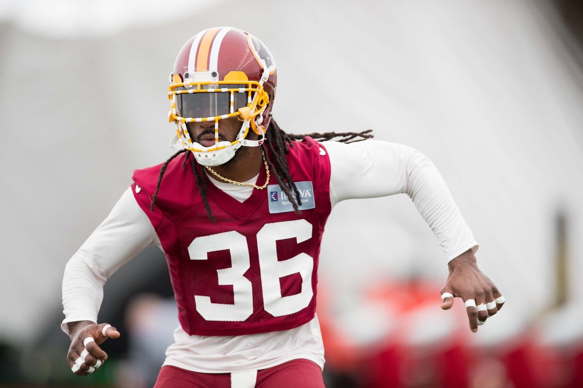 UNISWAG's tweet photo. .@JungleBoi_Swagg paying tribute to Sean Taylor with the taped facemask at OTAs.

#uniswag https://t.co/BX1hmU8UmK