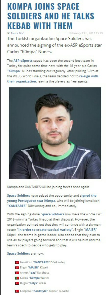 Boa sorte amigo Carlos nesta tua nova aventura , certamente vais dar muita dor de cabeça aos teus adversários , quem não acreditou em ti no source agora deve tar arrependido , GL @k0mpa_csgo <a href="/SpaceSoldiersTR/">Space Soldiers</a>