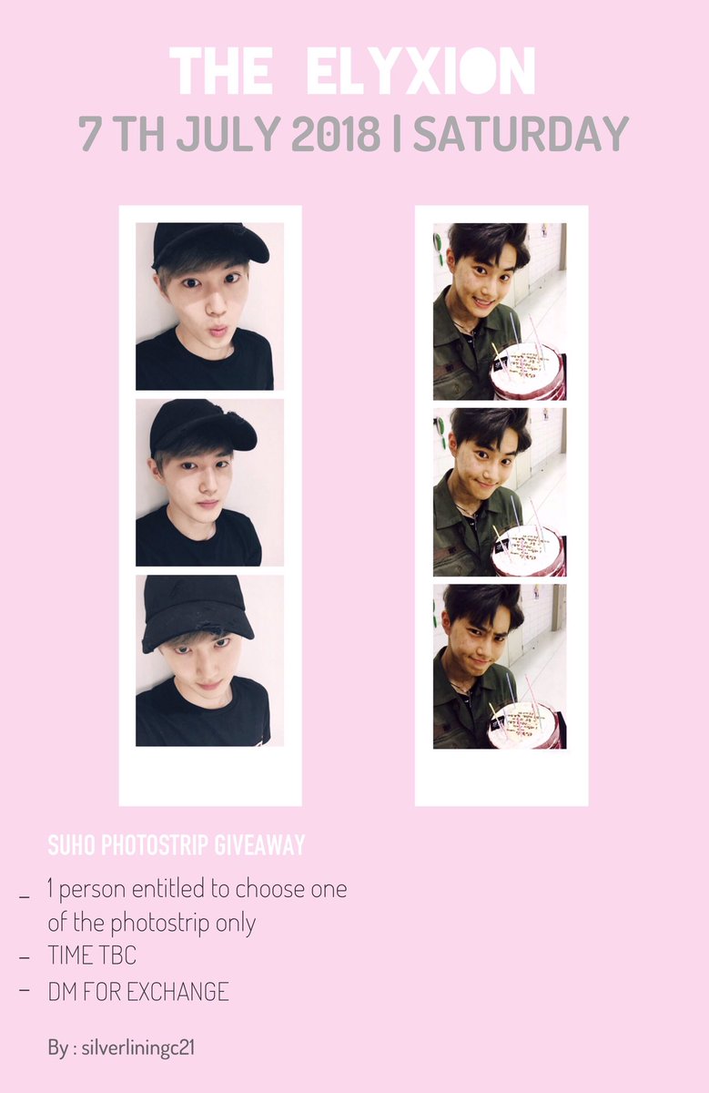 silverliningc21's tweet photo. [HELP RT]
Give away SUHO PHOTOSTRIP 🙋🏻
Please follow my twitter @silverliningc21  or instagram silverliningc.21 for more information and time distribution 

Rules:
1)Show me your ELYXION TICKET
2)Follow my acc and rt this tweet 

See yal 👋  #ElyXiOninMalaysia https://t.co/GsoIh2k7UI