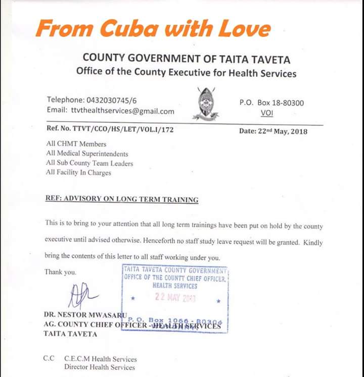 simonkigondu's tweet photo. #CubanDoctorsInKenya
#HealthServiceCommision
They say they need specialists
They bring so called specialists from Cuba whom we discover are equivalent to our Medical Officers who have worked for 2 years
They stop training their own with such circulars...
https://t.co/CggxdcD1Of https://t.co/tO2fTO39g1