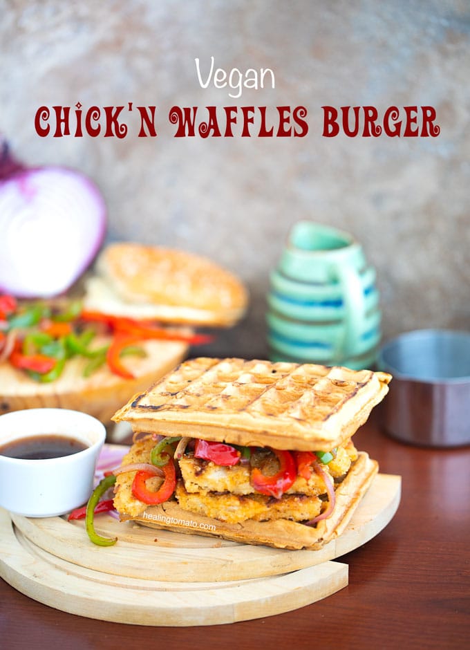 healingtomato's tweet photo. #ad Chick'n and Waffles Burger - I grilled chick'n crispy tenders and put them on a waffle burger! 
Recipe - https://t.co/3xeRnYLv6P @MeatlessMonday @gardein #vegan #vegetarian #MeatlessMonday https://t.co/hHLua71lq3
