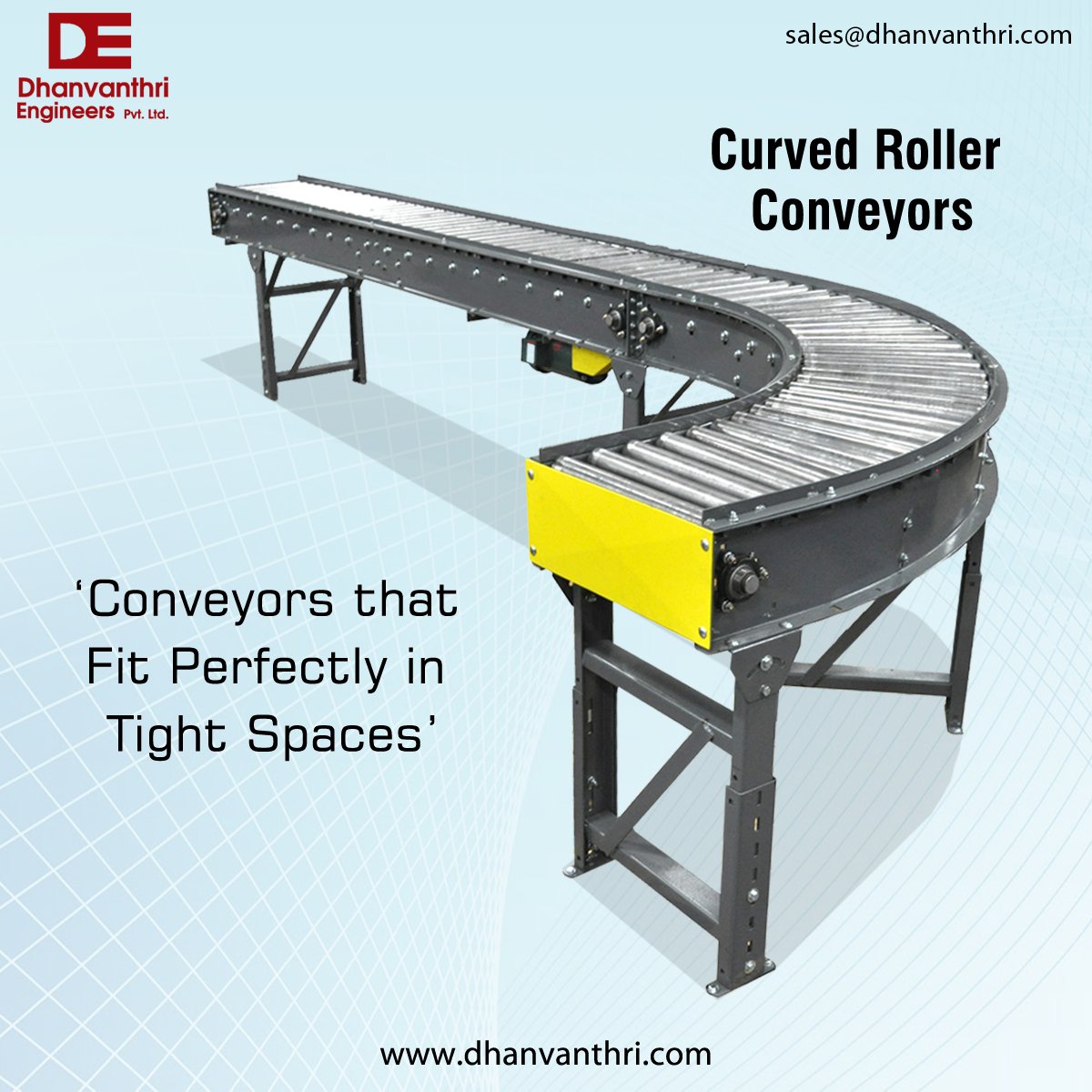 "Please retweet"
Curved Roller Conveyors
Conveyors that fit perfectly in the Tight Space. Our #Conveyor automation expert will help you figure out the proper curve width &amp; incline angle to enable the conveyor to fit into tight spaces as you require.
#manufacturing #Construction