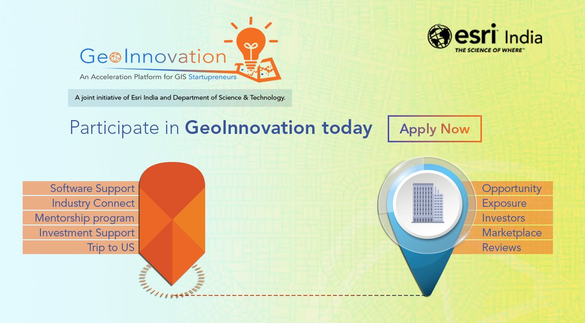 #GeoInnovation – An Acceleration Platform for #GIS Startupreneurs, initiative by Esri India in association with <a href="/IndiaDST/">DSTIndia</a> ; providing a platform to #startups to create innovative businesses addressing real world problems. 
Register- goo.gl/WuRdM4 
#Contest #ContestAlert