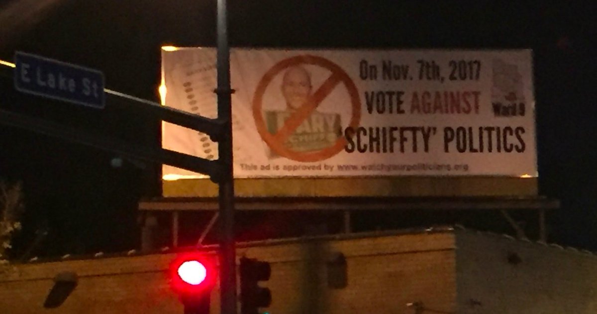 PowderhornLive's tweet photo. It's been 184 days since the end of the post-election sign takedown grace period, and yet the NO MORE SCHIFFTY POLITICS billboard remains. 

We're considering applying for historic designation. https://t.co/wsIt1ZkEVS