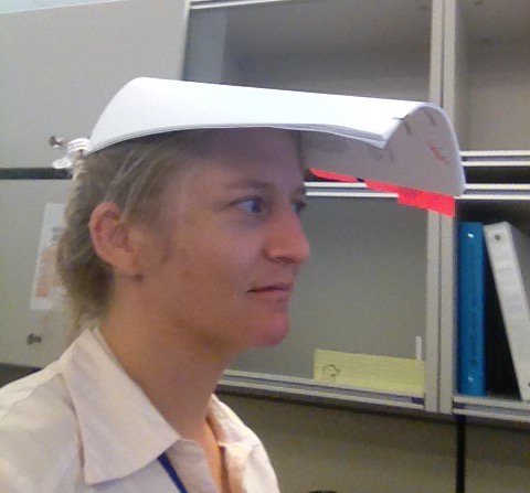 hdibner's tweet image. Improvised a visor b/c fluorescent lights don't go with iffy head feels. My coworkers are pretty amused. #style2018