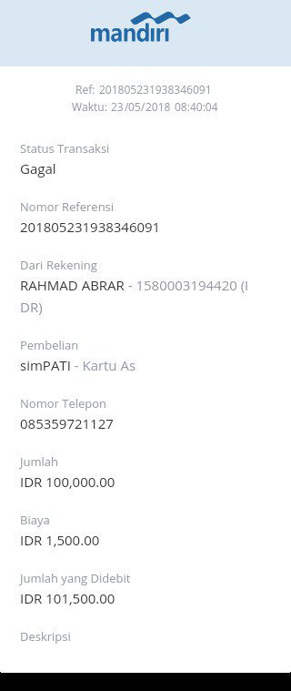 RahmadAbrar2's tweet photo. Tadi pukul 08:40:04  saya melakukan transaksi pembelian voucher pulsa senilai 100.000  2 kali di mandiri online uang saya ter debet tapi pulsa ga masuk
Keterangan semacam gangguan gitu
Apa yang terjadi @bankmandiri @mandiricare ... Mohon ditanggapi terima kasih https://t.co/cwqMuzK2Qe