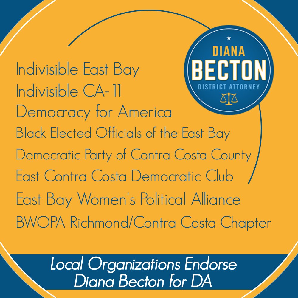 DADianaBecton's tweet photo. We can only do this with local organizations in support. Thanks much to these for endorsing my campaign for District Attorney! #TeamBecton #ItsANewDay #Becton4DA #ContraCostaCounty | #BWOPA #EBWPA #BEOFBL #IndivisibleCCCC #IndivisibleEastBay https://t.co/6DBiRcw2d0