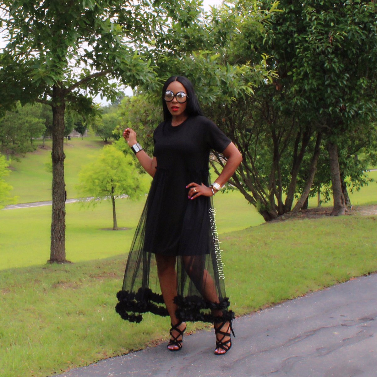 TresorCacheBtq's tweet photo. Every Lady Needs a Classy #LittleBlackDress! Crushing over our Cheryl Sheer Petals Dress. Available in Small-Large. It runs full, Large fits a 14/16.  Dress this beauty up or down. Don't miss out! Shop the look online and in store! https://t.co/xbT42ZKdXo