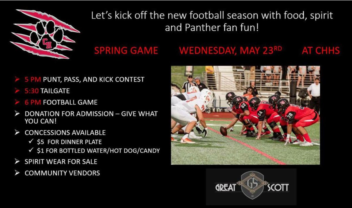 PantherFBBoost's tweet photo. @CHHS_FOOTBALL players, parents, coaches and fans RETWEET and invite someone to Wednesdayโs Spring Game! @chhspanthers @PantherFBBoost ๐ + ๐ฅ + community! #pantheron #focus #PantherPride https://t.co/v4yb096GUN