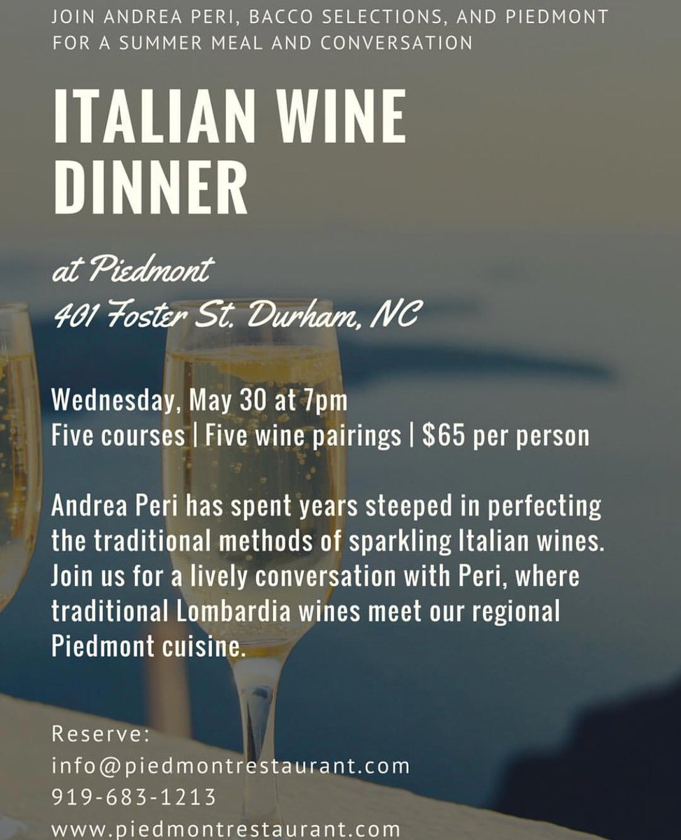 baccoselections's tweet photo. we are looking forward to the #wine dinner @PiedmontDurham with @peribigogno  It will be a sparkling night! #DurhamNC @onlyindurhamcom https://t.co/ICi9xNoquP
