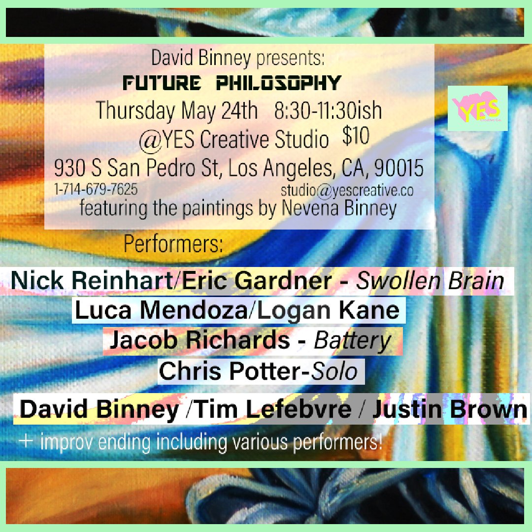 DavidBinney's tweet photo. I put together a very special night of music and art this Thursday May 24th in LA. I'm planning on making this a series. Please come and join us for the first one! It'll be epic! #yescreative #logankane #chrispotter #justinbrown #timlefebvre #ericgardner #swollenbrain #LA https://t.co/yF4clIKnQ8