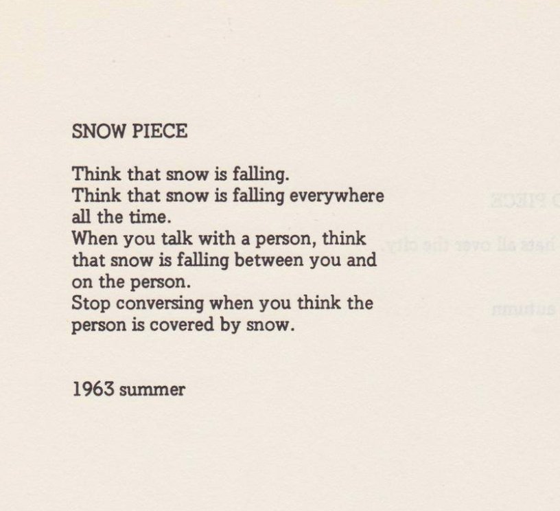 Think that snow is falling. Think that snow is falling<br />
everywhere all the time. When you talk with a person, think<br />
that snow is falling between you and on the person.<br />
Stop conversing when you think the person is covered by snow.