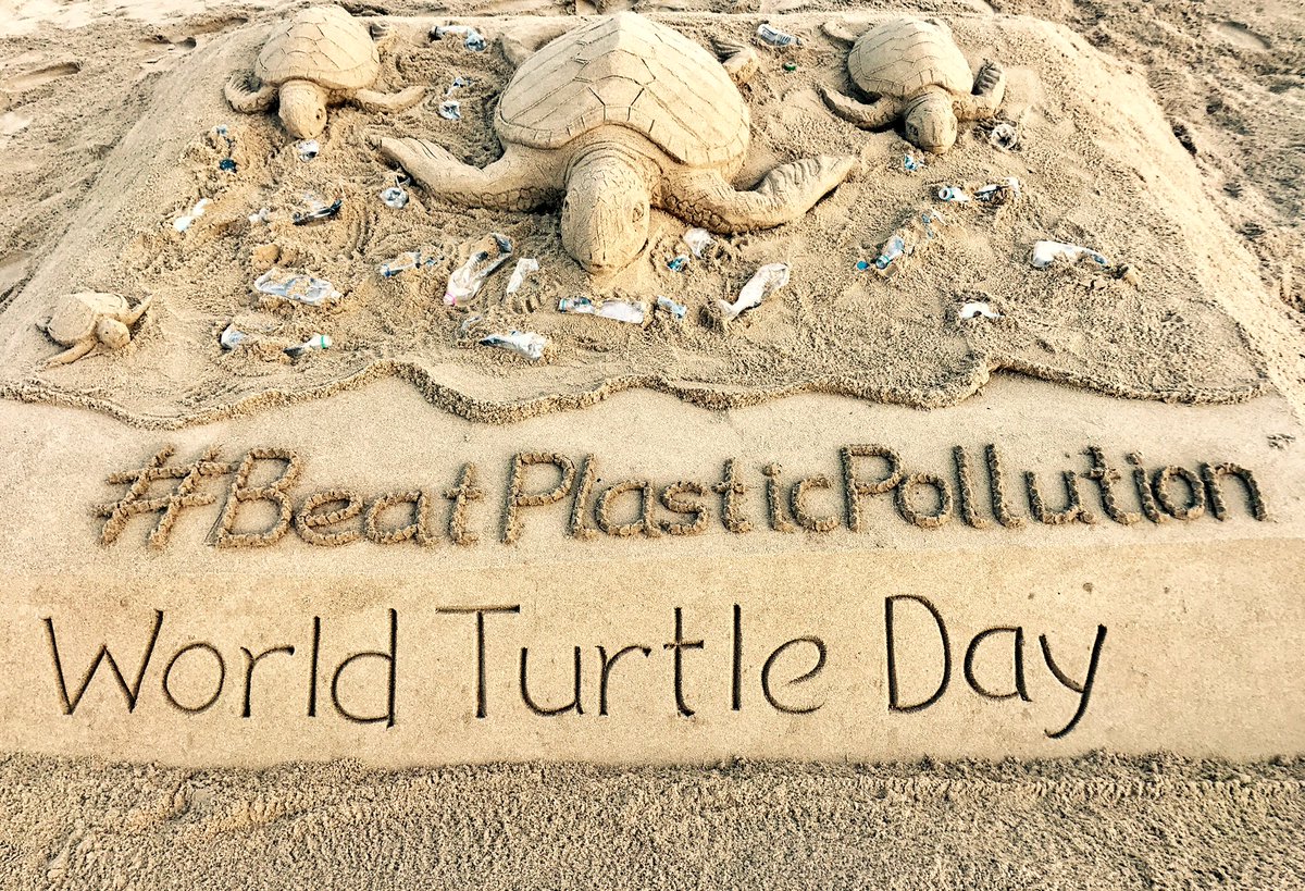 sudarsansand's tweet photo. On #WorldTurtleDay My SandArt at Puri beach in Odisha with message #BeatPlasticPollution. https://t.co/HLKoLW6Si0
