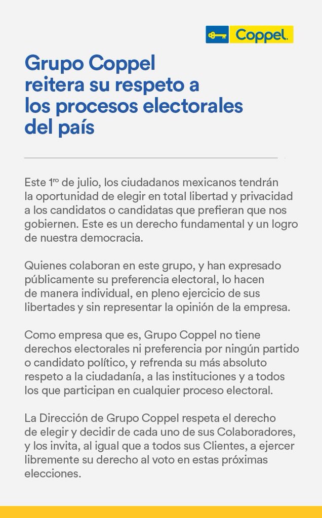 gdehoyoswalther's tweet photo. Deploramos las infundadas afirmaciones de @lopezobrador_ que basado en rumores, sugiere que accionistas de Grupo Coppel, empresa @Coparmex, estarían amenazando a sus colaboradores para incidir en su voto, apercibiéndoles con la pérdida de su empleo. La tolerancia, exige respeto. https://t.co/vafn00IXNV