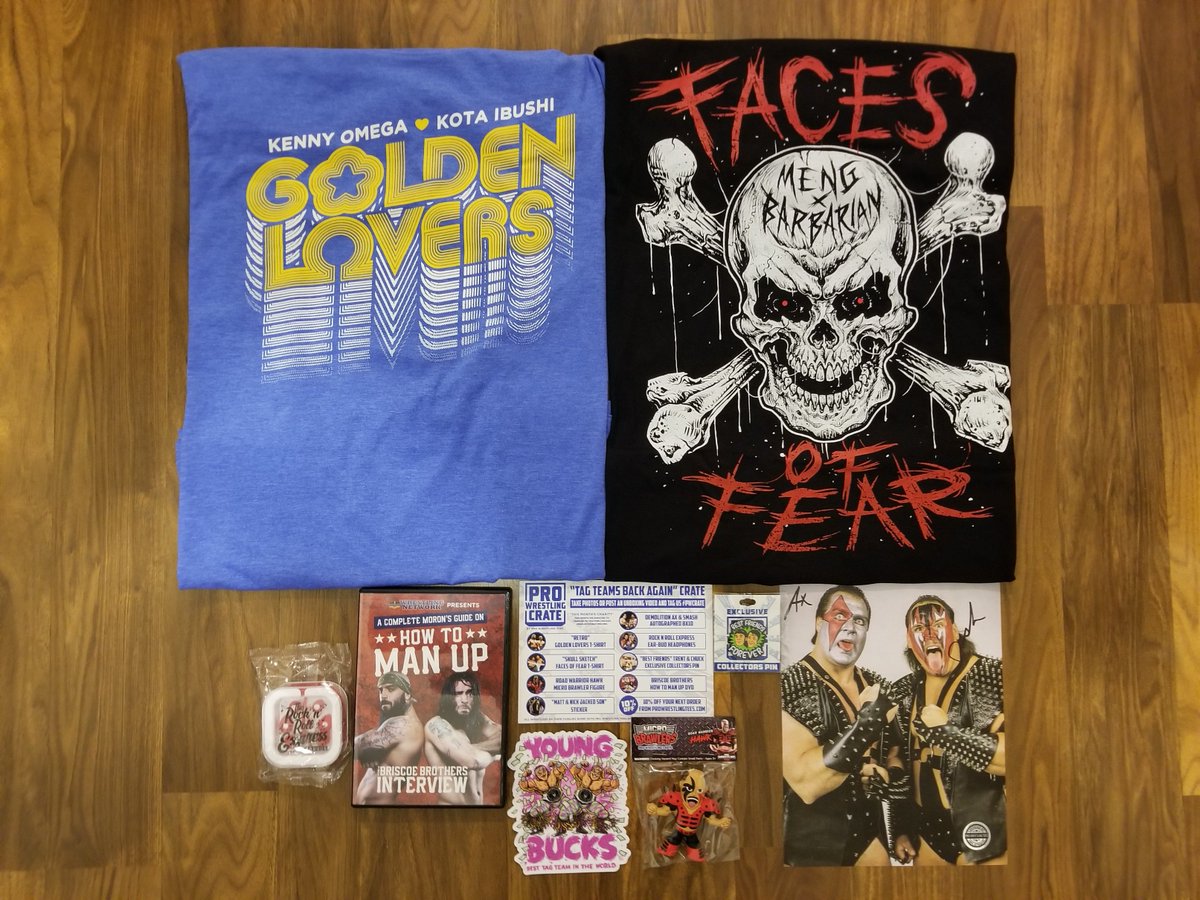 timzeigler24's tweet photo. Thank you @OneHourTees @PWCrate for another fantastic crate. I love the #GoldenLovers retro t-shirt! The Youngbucks sticker is so cool! And how awesome is it to have an autograph from Demolition!! And I marked out over the Rock N Roll express earbuds! #PWCrate #TagTeamsBackAgain https://t.co/SMIlCqfSxf