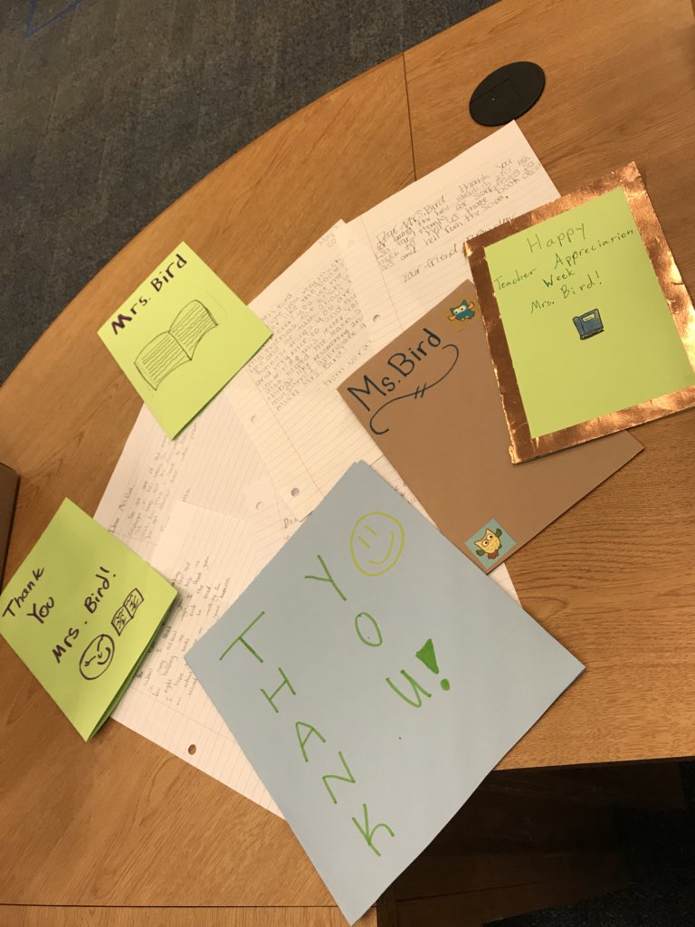 ReadingWithBird's tweet photo. A little late but I wanted to show off some of the love I got during #TeacherAppreciationWeek! I have the BEST students! @bvschools @bvlibraries #oteconnect https://t.co/HhCFoBHghS