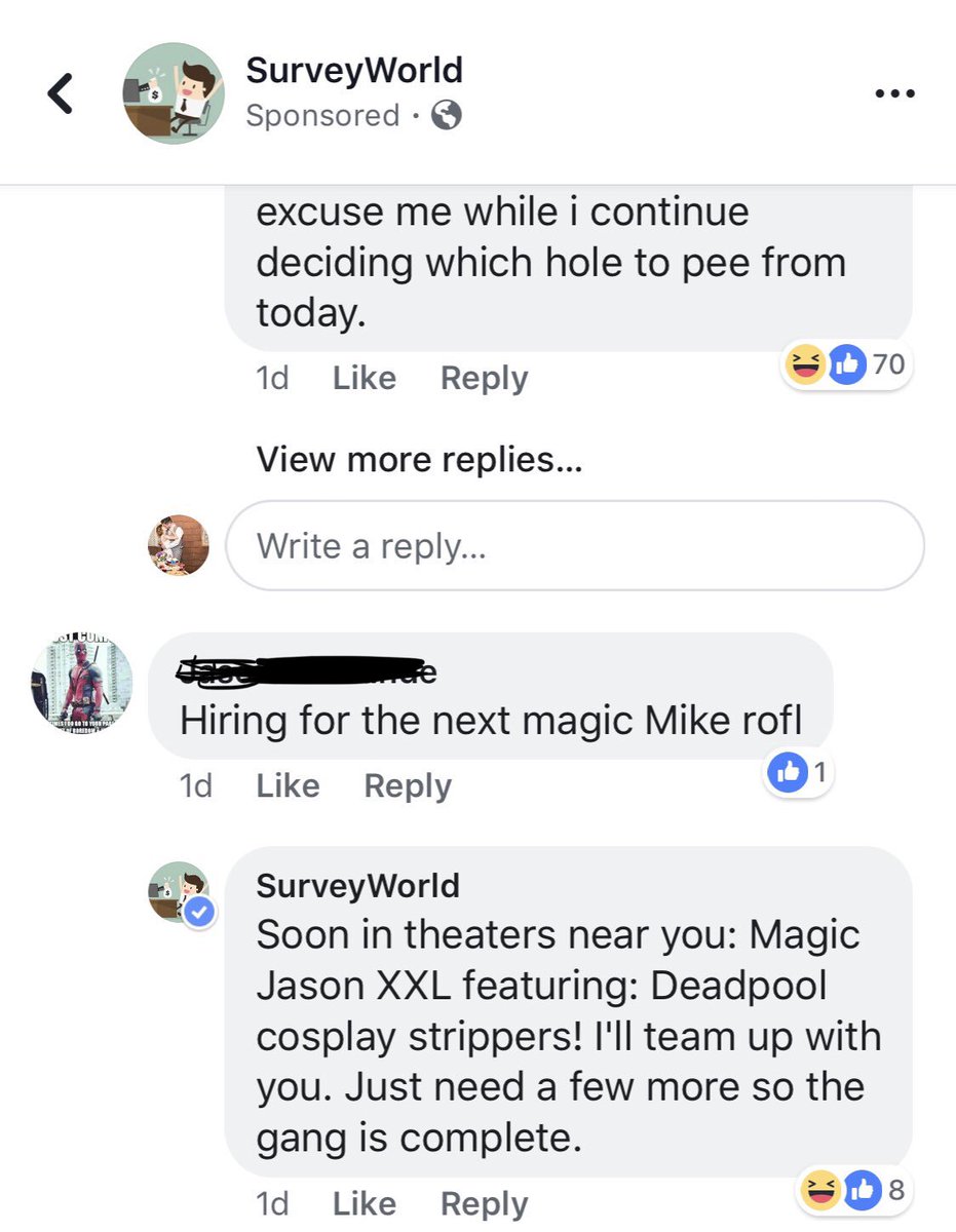 IAmRamblePod's tweet photo. So I’m scrolling through Facebook and an add pops up stating it needs “male testers for male products”. So naturally I read the comments. These are some of the best replies I have ever seen from a company 😂😂😂 https://t.co/hOQgUh4acV