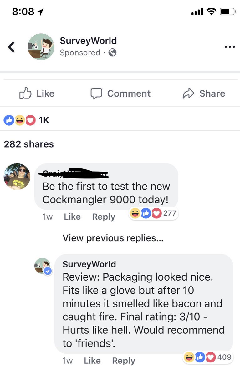 IAmRamblePod's tweet photo. So I’m scrolling through Facebook and an add pops up stating it needs “male testers for male products”. So naturally I read the comments. These are some of the best replies I have ever seen from a company 😂😂😂 https://t.co/hOQgUh4acV