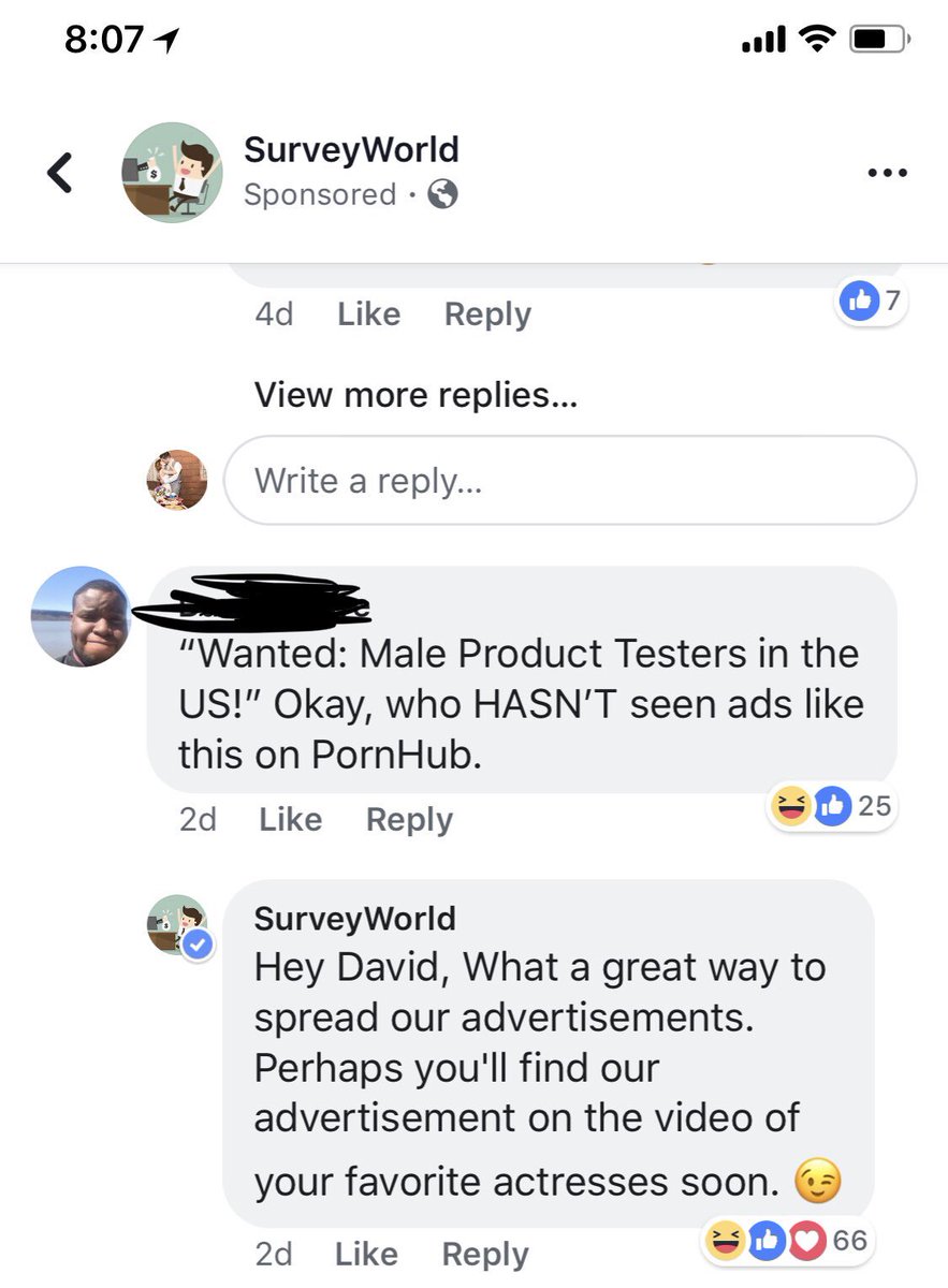 IAmRamblePod's tweet photo. So I’m scrolling through Facebook and an add pops up stating it needs “male testers for male products”. So naturally I read the comments. These are some of the best replies I have ever seen from a company 😂😂😂 https://t.co/hOQgUh4acV