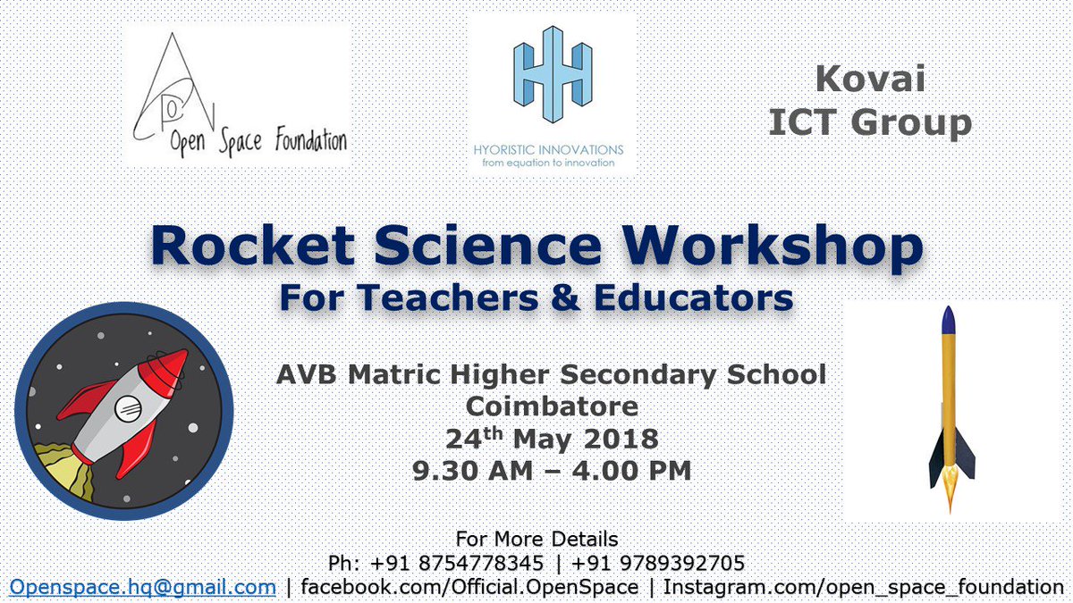 Official_OSF's tweet photo. #RocketScience
@Official_OSF going to organize #Rockets workshop for Teachers & Educators @ Coimbatore. Date: 24th May 2018 | AVB Matric Higher Secondary School, Coimbatore.
#OpenSpaceFoundation #InnovateYourSpace #OpenScienceCentre #OSF #OSC #Science4SocialChange #SciCubator https://t.co/8ecTKuXabG