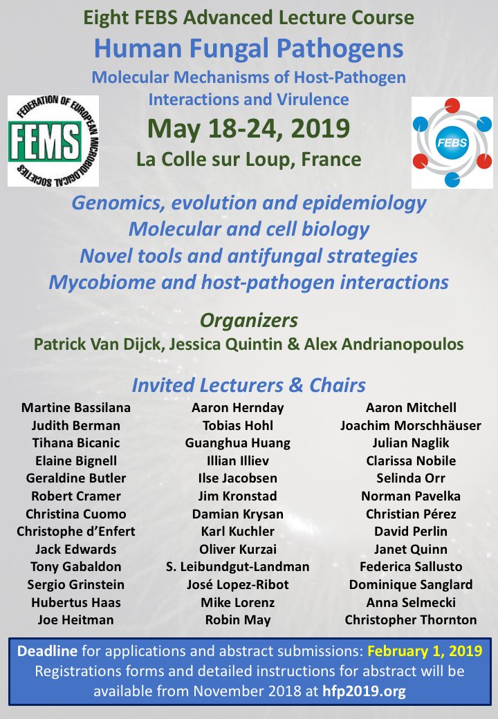 JoF_MDPI's tweet image. The 8th FEBS Advanced Lecture Course on Human Fungal Pathogens #HFP2019 is scheduled for 18th-24th May, 2019 in La Colle Sur Loup, France. Please keep well informed. bio.kuleuven.be/mcb/hfp2019/
#fungalpathogens #fungalvirulence #hostfungusinteractions