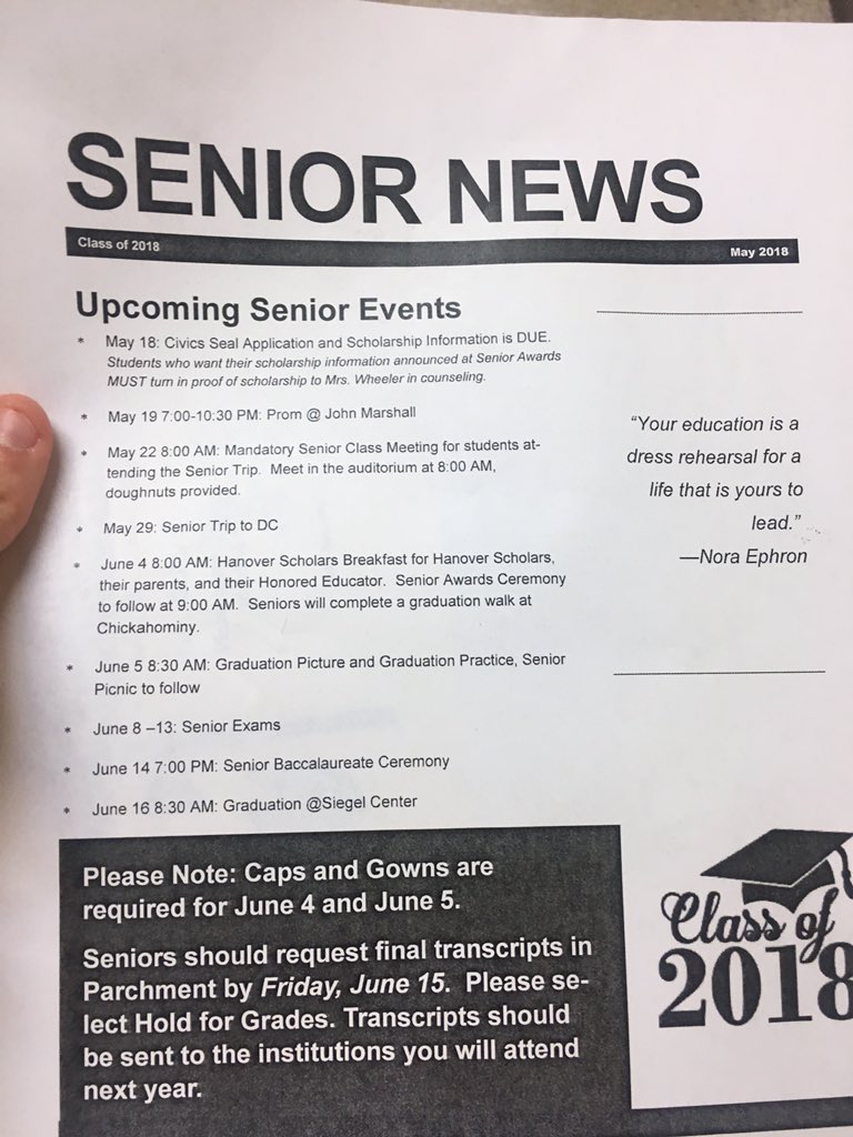 SENIOR NEWS: 
Grad cap, gown, and formal outfit required June 4 &amp; 5
