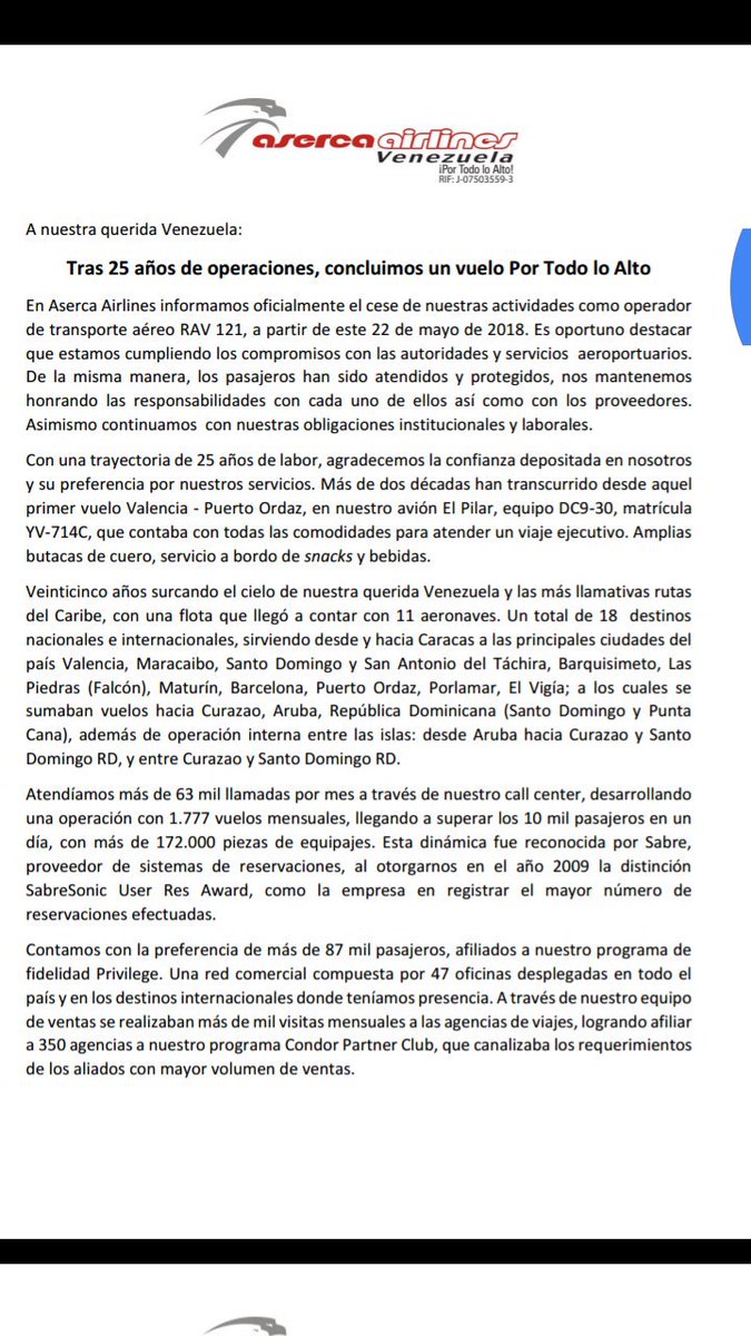 maryorinmendez's tweet photo. Oficial;  @AsercaAirlines cesa sus operaciones en Venezuela [Comunicado] https://t.co/NjD9D5IoQD