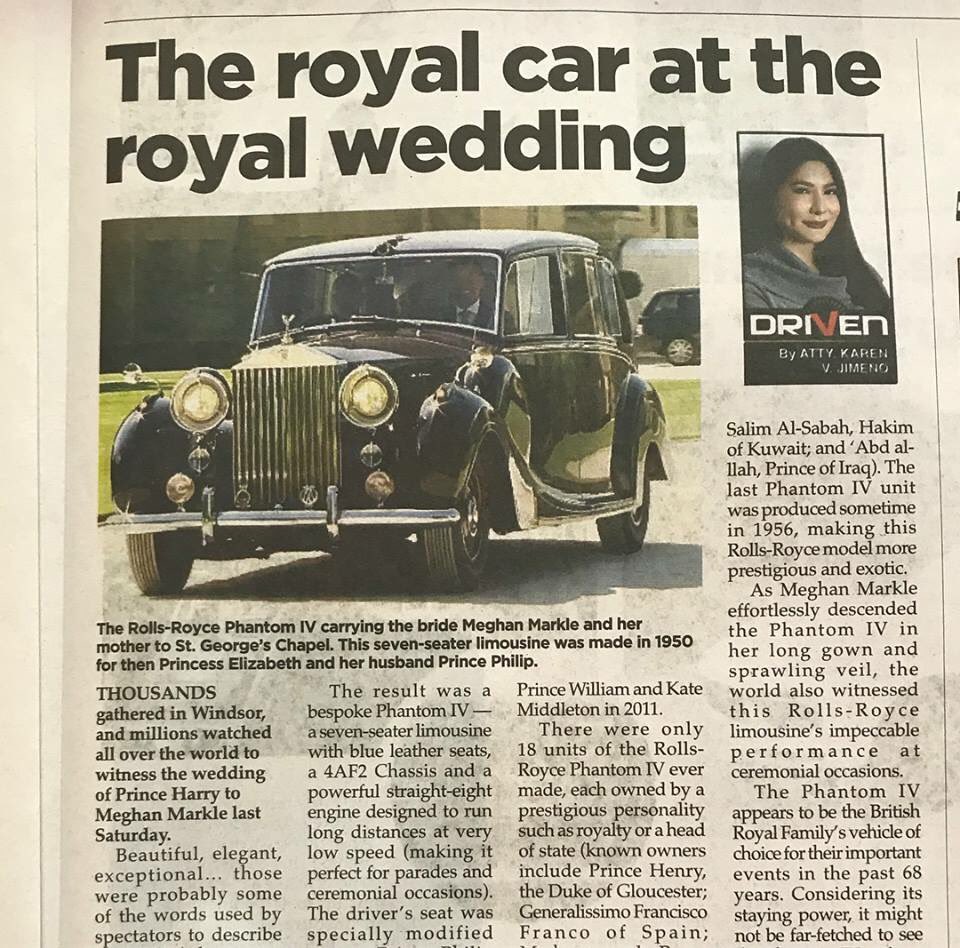 AttyKarenJimeno's tweet photo. The #Bridal #Car at the #RoyalWeddding was a vintage 1950 #RollsRoyce #PhantomIV first used by #PrincessElizabeth before she became #Queen | https://t.co/OmZqY4udke #HarryandMeghan https://t.co/SSOjRcke3k