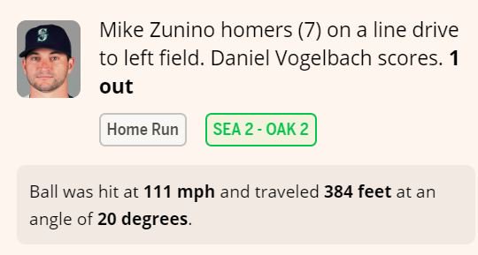MarinersPR's tweet photo. Mike Zunino's 7th home run of the season ties the score in the 7th: #Mariners 2, Athletics 2. Details: https://t.co/xFNodifTS1