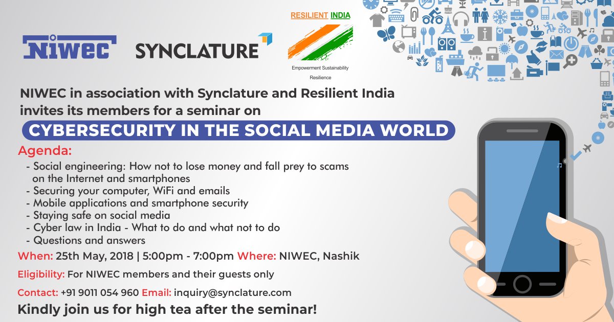 synclature's tweet photo. Almost every one possesses a #smartphone today. But with great #gadgets come greater threats! Join us for this seminar and learn how to secure your #smartphones.
#CyberCrime #Mobiles #MobileSecurity #CyberSecurity #InfoSecurity #Scams #Malware #Nashik #SocialMedia #NIWEC #Law https://t.co/Wmc9CZsqHK