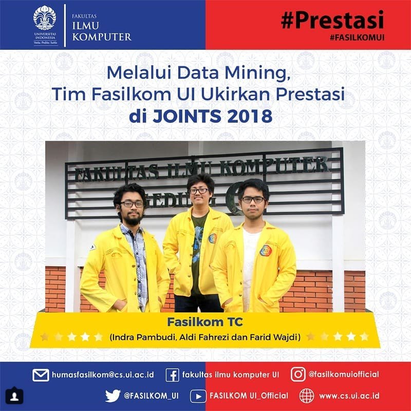 univ_indonesia's tweet image. #PrestasiUI Mahasiswa Fasilkom UI kembali  menorehkan prestasi dari bidang Data Mining di ajang JOINTS 2018 yang diselenggarakan oleh UGM, Yogyakarta. Selamat atas prestasi yang diraih!

Berita lengkap cs.ui.ac.id
#UniversitasIndonesia #FasilkomUI