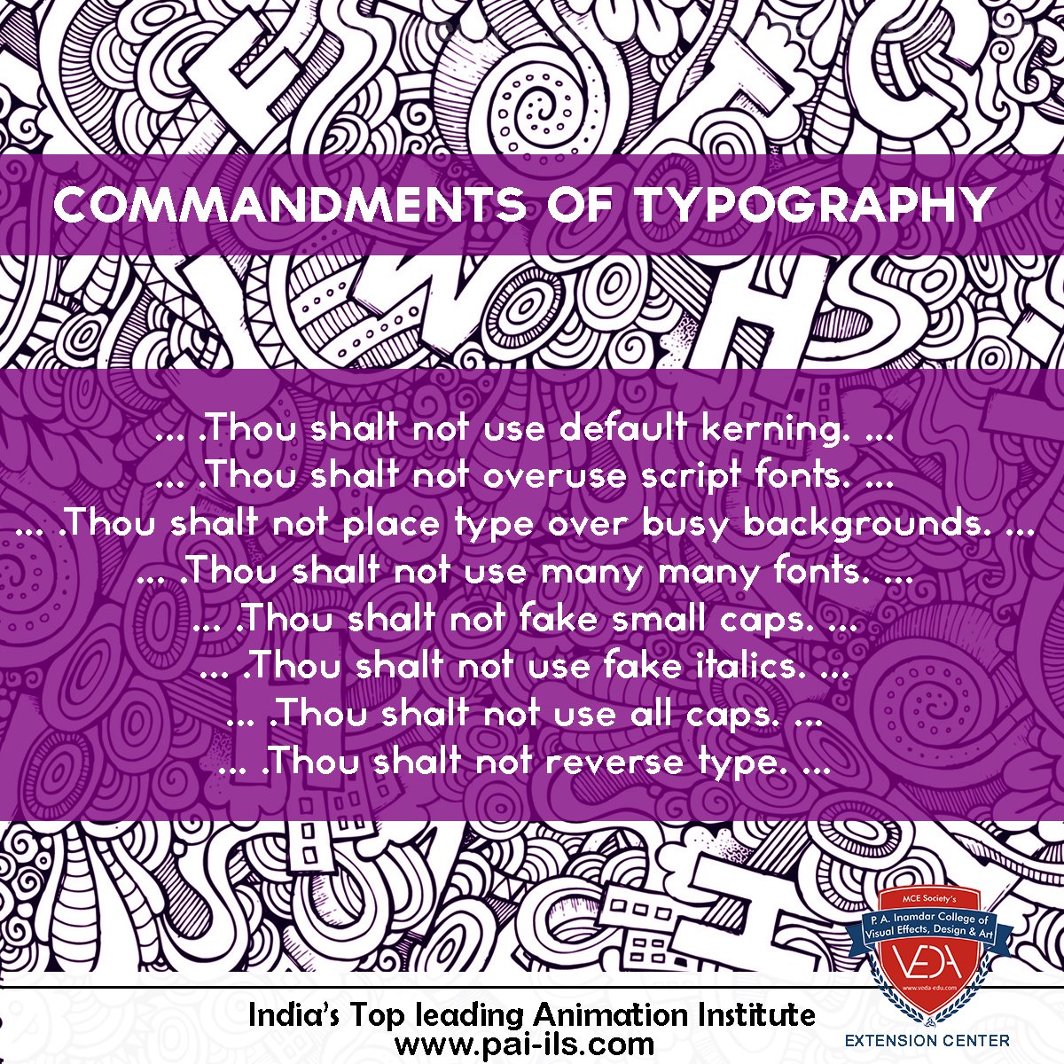veda_extension's tweet photo. Tip of the day...
Commandments of typography...
.
.
.
.
#tipoftheday #commandments #typography #tips #latesttips #kerning #script #fonts #caps #italics #latestinfo #dailyupdates

for more info: https://t.co/DS9vswBqWD
Contact Us: 020-48610799/899 https://t.co/Jw5fvU1Wcr