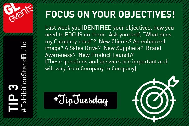 GLeventsSA's tweet photo. TIPTUESDAY #3
FOCUS ON YOUR OBJECTIVES
Last week you IDENTIFIED your objectives, now you need to FOCUS on them. Ask yourself, “What does my Company need”? New Clients? An enhanced image? A Sales Drive? New Suppliers? #TipTuesday #ExhibitionStandBuild #CustomStandDesign https://t.co/yxsIARsKUf