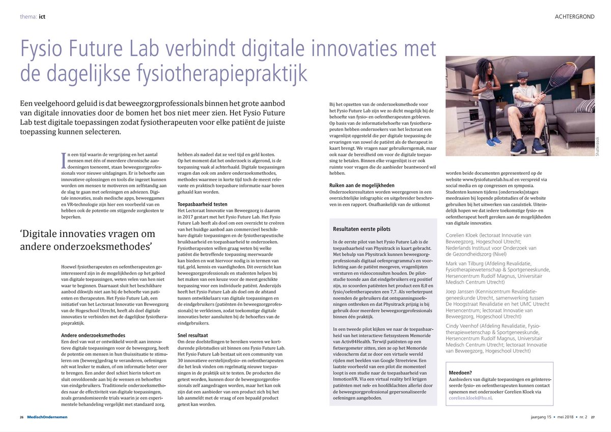 Fysio Future Lab verbindt digitale innovaties met de dagelijkse fysiotherapiepraktijk ➡ deze maand in het ICT themanummer van Medisch Ondernemen <a href="/MedischOndernem/">MedischOndernemen</a> #fysiotherapie #innovatie
