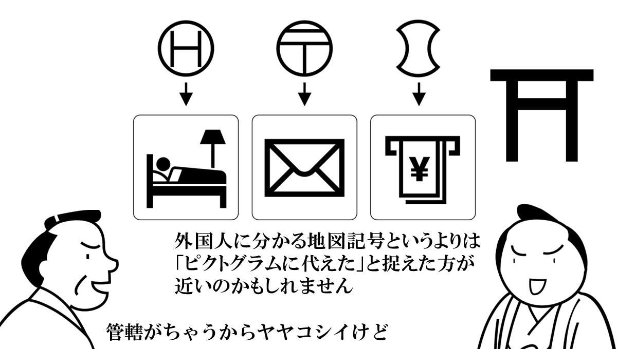 株式会社石井マーク على تويتر 神社の地図記号とも整合するため という表現は少し補足が必要でした まず案内用図記号としてのピクトグラムと 地図記号は役割の違う別物であり 外国人でも分かりやすいのは地図記号ではなくピクトグラムの方です ただし神社 鳥居