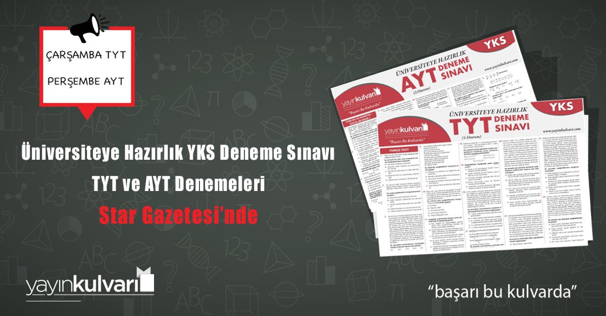 Yayın Kulvarı'nın yeni sınav sistemine uygun olarak hazırladığı üniversiteye hazırlık TYT Deneme Sınavı Çarşamba, AYT Deneme Sınavı Perşembe günleri <a href="/stargazete/">Star Gazetesi 🇹🇷</a> de. Hazırlıksız yola çıkmayın. İlk TYT bugün... #başarıbukulvarda