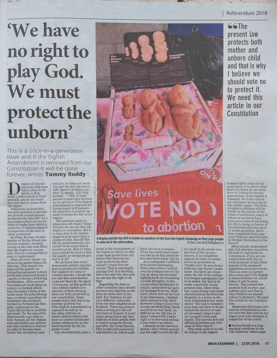 TommyRoddy's tweet photo. The Irish Examiner have printed my opinion piece on the referendum today. #LoveBothVoteNO #savethe8th #ProtectLife #8thRef #Referendum2018 https://t.co/XobOCCGNPz