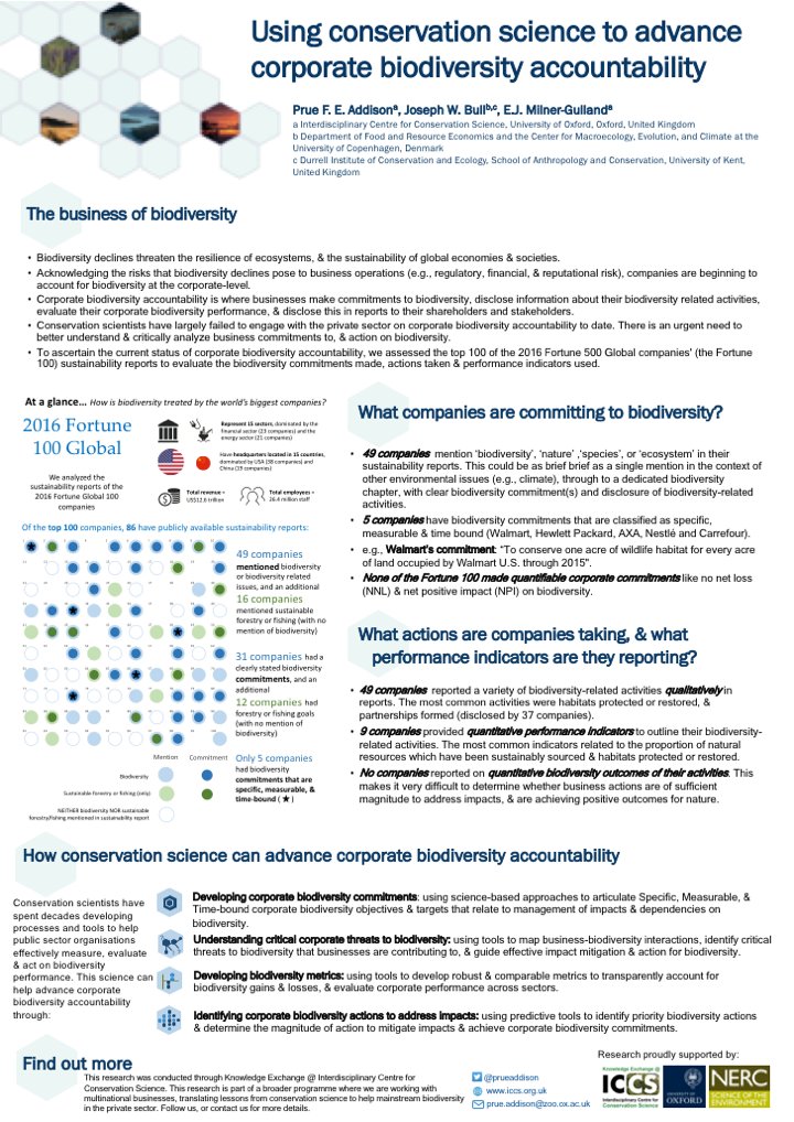 prueaddison's tweet photo. From #CEEDTC2018 to #NetImpactApproaches2018 to @BESConservation #N4FG18 - I'll be presenting #business & #biodiversity #research undertaken by @wildbusiness @EJMilnerGulland and I! Come see our poster and find out more from me today & tomorrow! https://t.co/9EBQq9nUJL